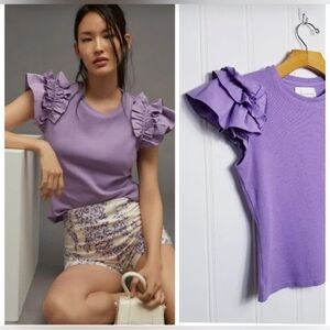 Anthropologie Purple Ruffle Sleeve Top